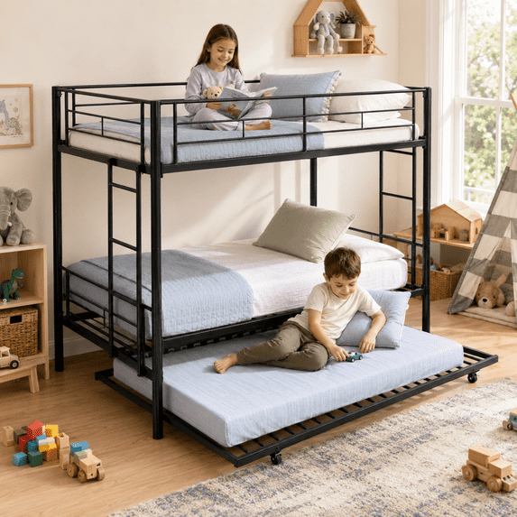 UHOMEPRO Twin Over Twin Metal Bunk Bed with Trundle, Convertible Triple Sleeper Bed with Guardrails and Ladders, No Box Spring Needed, Black