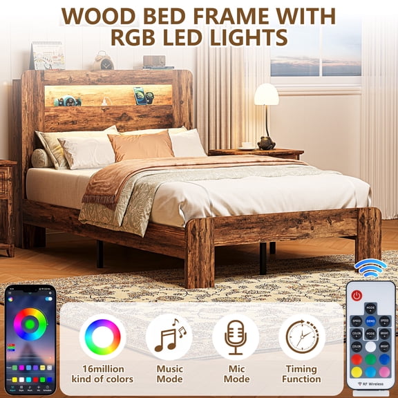 Twin Bed Frame, UHOMEPRO Wood Platform Bed Frame with LED Storage Headboard and Charging Station, Twin Size Bed Frame with Strong Support, Modern Bedroom Furniture, No Box Spring Needed, Brown