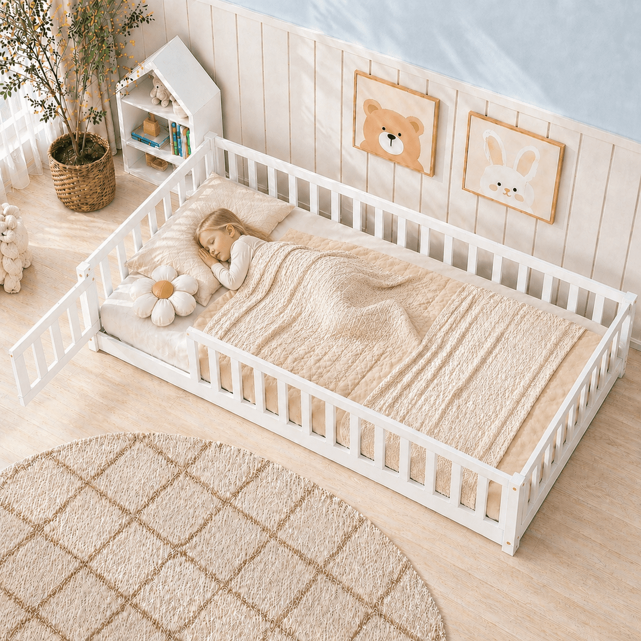 UHOMEPRO Twin Size Floor Bed with Slats and Safety Guardrail, Twin Size Montessori Floor Bed with Fence and Door, Easy Assemble Montessori Beds for Kids, Girls, Boys, White