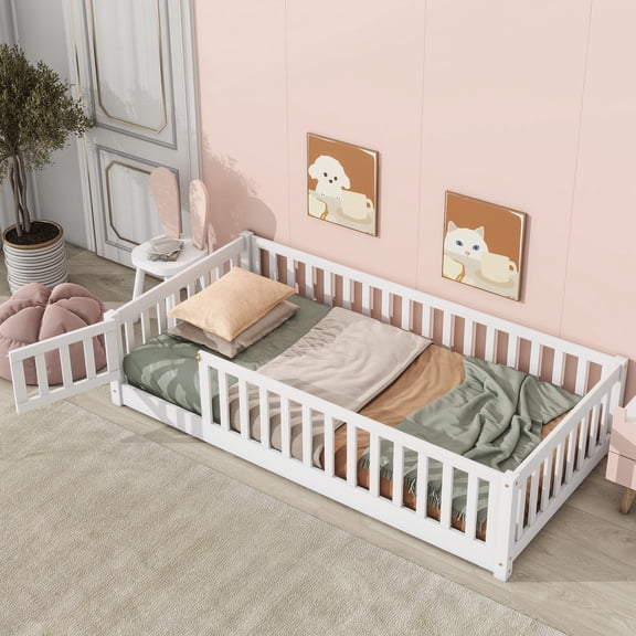 Twin Montessori Floor Bed for Toddlers, UHOMEPRO Kids Floor Bed with Safety Fence and Door, Low Profile Wood Platform Bed, No Box Spring Needed, White