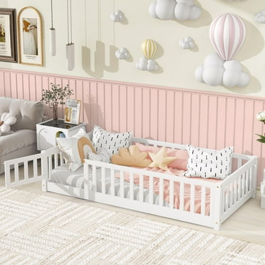 UHOMEPRO Twin Size Floor Bed with Door and Fence, Montessori Floor Bed with Slats and Safety Guardrails, Solid Wood Twin Bed Frame for Bedroom, White