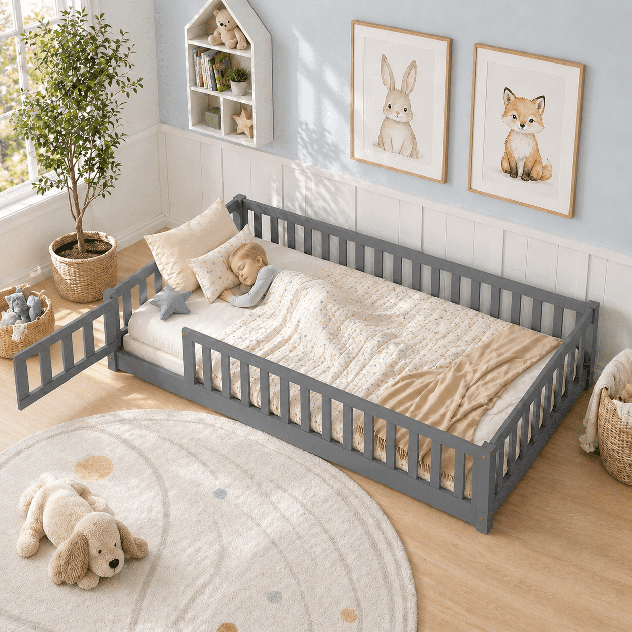 UHOMEPRO Twin Size Floor Bed with Slats and Safety Guardrail, Twin Size Montessori Floor Bed with Fence and Door, Easy Assemble Montessori Beds for Kids, Girls, Boys, Grey