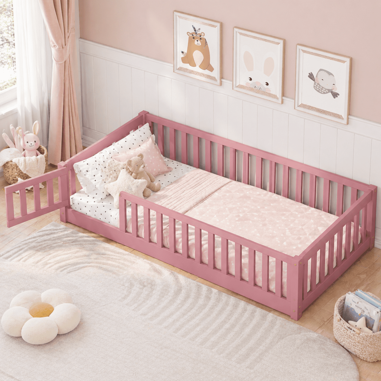 UHOMEPRO Twin Size Floor Bed with Fence and Door, Low Profile Montessori Floor Bed for Crib Transition, Solid Wood Cute Bed Frame with Slats Supports, Easy Assembly, No Box Spring Needed, Pink