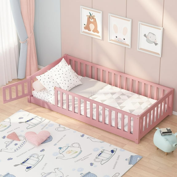 Twin Montessori Floor Bed, UHOMEPRO Floor Bed with Safety Fence and Door, Low Profile Wood Platform Bed, No Box Spring Needed, Pink