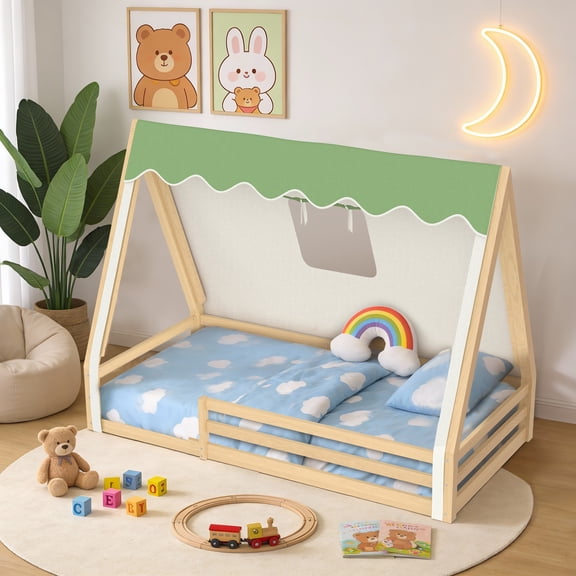 UHOMEPRO Twin Size Floor Bed Fram, Solid Wood Teepee Bed withTent, LED Light, Guardrails, Montessori and Childlike Design Bed Frame for Girls/Boys, Green