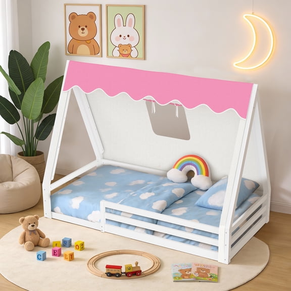UHOMEPRO Twin Size Floor Bed Fram, Solid Wood Teepee Bed withTent, LED Light, Guardrails, Montessori and Childlike Design Bed Frame for Girls/Boys, Pink