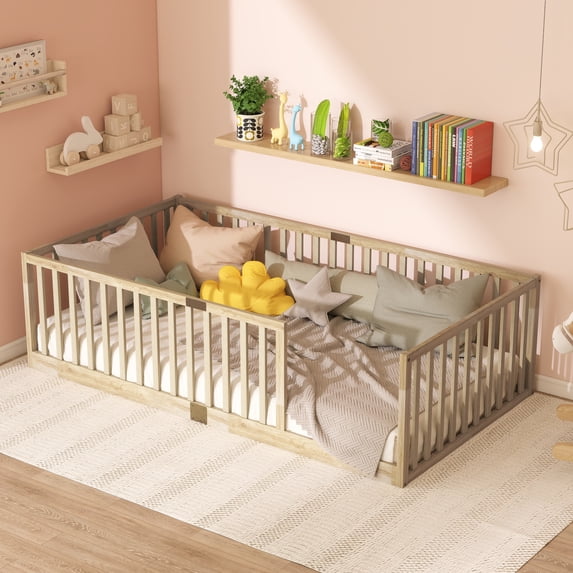 UHOMEPRO Twin Size Kids Floor Bed with High Fence Guardrails, 6 Slats Included, Eco-Friendly Rubber Wood, Easy to Assemble, Low-to-Ground Floor Bed for Kids, Natural