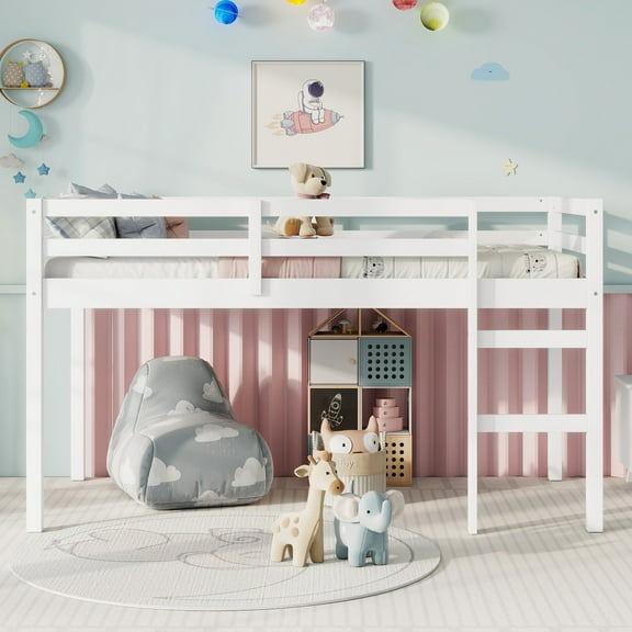 UHOMEPRO Twin Size Loft Bed, Solid Wood Loft Bed Frame with Wooden Slats, Modern Low Loft Bed for Boys Girls, No Box Spring Needed, White