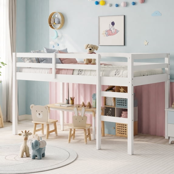 UHOMEPRO Twin Size Loft Bed, Solid Wood Loft Bed Frame with Wooden Slats, Modern Low Loft Bed for Boys Girls, No Box Spring Needed, White