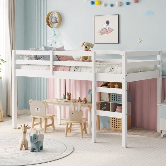 UHOMEPRO Twin Size Loft Bed, Solid Wood Loft Bed Frame with Wooden Slats, Modern Low Loft Bed for Boys Girls, No Box Spring Needed, White