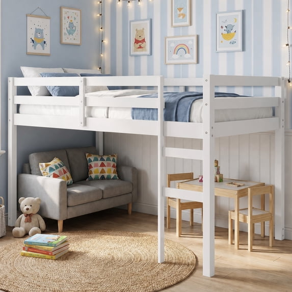 UHOMEPRO Twin Size Loft Bed, Solid Wood Loft Bed Frame with Wooden Slats, Modern Low Loft Bed for Boys Girls, No Box Spring Needed, White