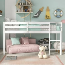 UHOMEPRO Twin Size Loft Bed, Solid Wood Loft Bed Frame with Wooden Slats, Modern Low Loft Bed for Kids Boys Girls, No Box Spring Needed, White