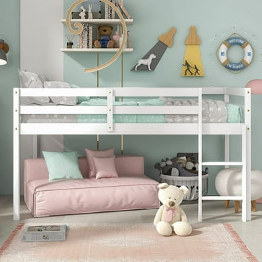 UHOMEPRO Twin Size Loft Bed, Solid Wood Loft Bed Frame with Wooden Slats, Modern Low Loft Bed for Kids Boys Girls, No Box Spring Needed, White