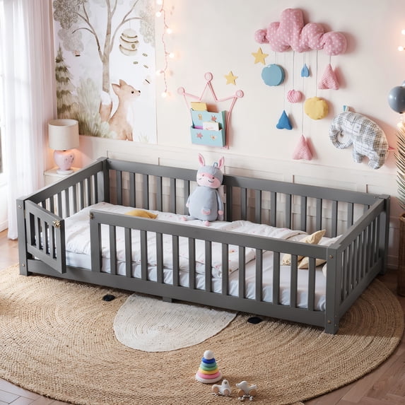 UHOMEPRO Twin Size Montessori Floor Bed with Door, Safety Guardrails & 7 Removable Slats, Low Profile Wood Floor Bed Frame for Kids, No Box Spring Needed, Gray