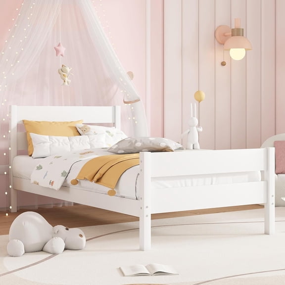 UHOMEPRO Twin Size Solid Wood Platform Bed Frame with Headboard, Wood Slat Support, No Box Spring Needed, Easy Assembly, White