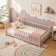 thumbnail image 1 of UHOMEPRO Twin Montessori Floor Bed with Guardrails and Slats, Solid Rubber Wood Low Profile Toddler Floor Bed Frame for Kids, No Box Spring Needed, Pink, 1 of 11