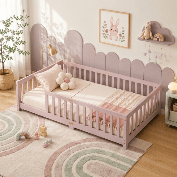 UHOMEPRO Twin Montessori Floor Bed with Guardrails and Slats, Solid Rubber Wood Low Profile Toddler Floor Bed Frame for Kids, No Box Spring Needed, Pink