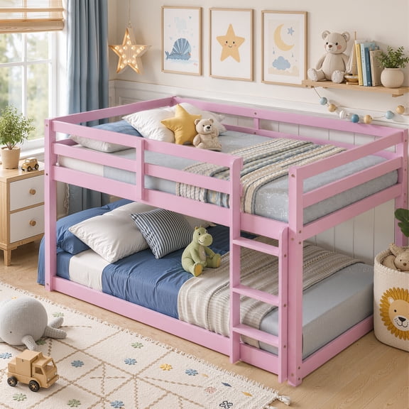 UHOMEPRO Twin Over Twin Bunk Bed for Kids, Solid Wood Low Floor Bunk Bed with Safety Rail and Ladder, Heavy Duty Kids Bunk Bed, Space-Saving Bed Frame for Bedroom, Pink