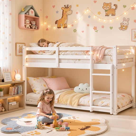UHOMEPRO Twin Over Twin Bunk Bed for Kids, Solid Wood Low Floor Bunk Bed with Safety Rail and Ladder, Heavy Duty Kids Bunk Bed, Space-Saving Bed Frame for Bedroom, White