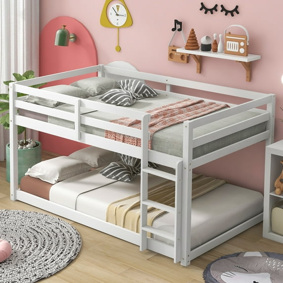 Twin Over Twin Floor Bunk Bed, UHOMEPRO Solid Wood Low Bunk Bed with Safety Rail, Ladder, Heavy Duty Bunk Beds, Space-Saving Bedroom Dorm Furniture, White
