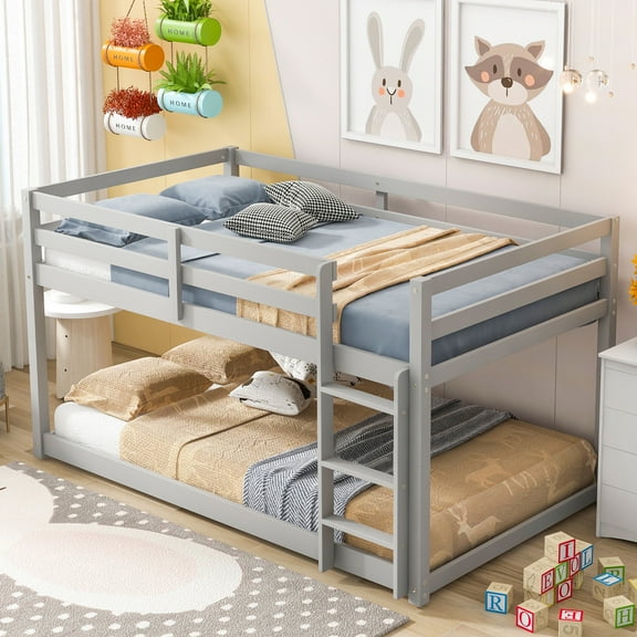 Twin Over Twin Floor Bunk Bed, UHOMEPRO Solid Wood Low Bunk Bed with Safety Rail, Ladder, Heavy Duty Bunk Beds, Space-Saving Bedroom Dorm Furniture, Gray