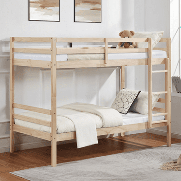 Twin Over Twin Floor Bunk Bed for Kids, UHOMEPRO Solid Wood Low Bunk Bed with Safety Rail, Ladder, Heavy Duty Bunk Beds for Boys Girls, Space-Saving Bedroom Dorm Furniture, Natural
