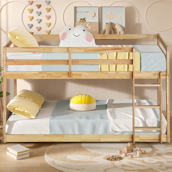 UHOMEPRO Twin Over Twin Bunk Bed for Kids, Solid Wood Low Floor Bunk Bed with Safety Rail and Ladder, Heavy Duty Kids Bunk Bed, Space-Saving Bed Frame for Bedroom, Natural