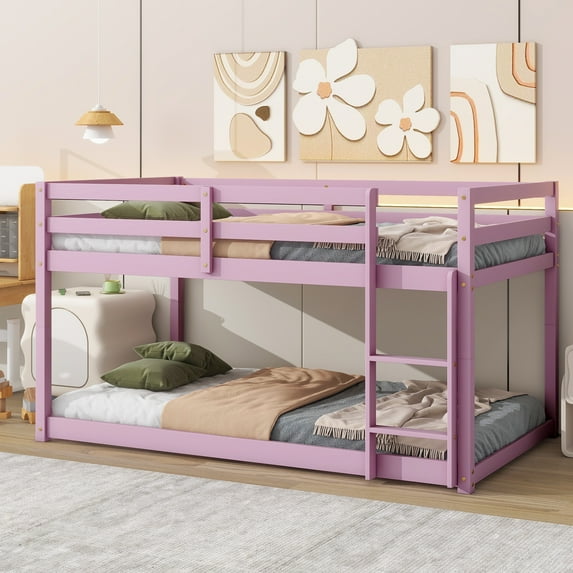 Twin Over Twin Floor Bunk Bed, UHOMEPRO Solid Wood Low Bunk Bed with Safety Rail, Ladder, Heavy Duty Bunk Beds, Space-Saving Bedroom Dorm Furniture, Pink
