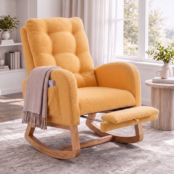 UHOMEPRO Upgraded Rocking Chair for Nursery, Modern Teddy Glider Rocker Chair with Footrest, High Backrest, Solid Wood Frame, Orange