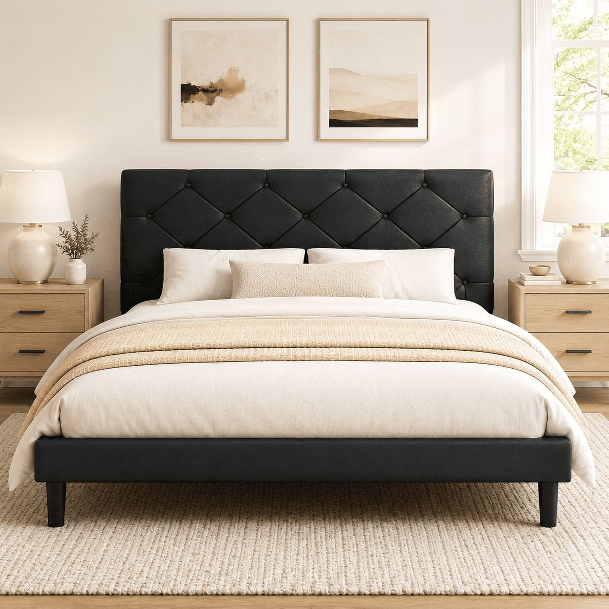 Queen Bed Frame with Upholstered Faux Leather Headboard, UHOMEPRO Platform Bed Frame with Wood Slat Support, No Box Spring Needed, Black
