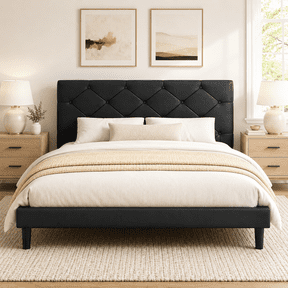 Queen Bed Frame with Upholstered Faux Leather Headboard, UHOMEPRO Platform Bed Frame with Wood Slat Support, No Box Spring Needed, Black