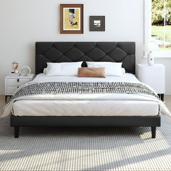 Queen Bed Frame with Upholstered Faux Leather Headboard, UHOMEPRO Black Platform Bed with Wood Slats, No Box Spring Needed, Modern Bed Frame