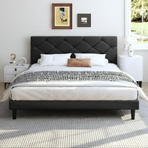 UHOMEPRO Upholstered Platform Queen Bed Frame with Headboard, Modern Black Faux Leather Queen Bed Frame with Wood Slat Support, Mattress Foundation for Adults Kids, No Box Spring Needed
