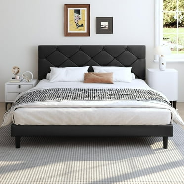 UHOMEPRO Upholstered Platform Queen Bed Frame with Headboard, Modern Black Faux Leather Queen Bed Frame with Wood Slat Support, Mattress Foundation for Adults Kids, No Box Spring Needed