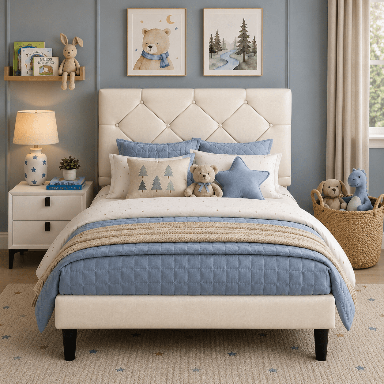 Twin Bed Frame with Upholstered Faux Leather Headboard, UHOMEPRO Platform Bed Frame with Wood Slat Support, No Box Spring Needed, Beige