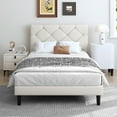 thumbnail image 1 of Twin Bed Frame with Upholstered Faux Leather Headboard, UHOMEPRO Beige Platform Bed with Wood Slats, No Box Spring Needed, Modern Bed Frame, 1 of 12