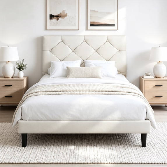 Twin Bed Frame with Upholstered Faux Leather Headboard, UHOMEPRO Platform Bed Frame with Wood Slat Support, No Box Spring Needed, Beige