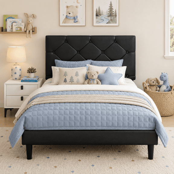 Twin Bed Frame with Upholstered Faux Leather Headboard, UHOMEPRO Platform Bed Frame with Wood Slat Support, No Box Spring Needed, Black