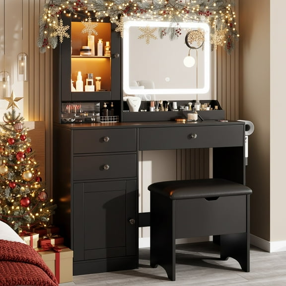 UHOMEPRO Vanity Set with 3 Color Lighted Mirror, Modern Makeup Vanity Table with Charging Station and Hair Dryer Rack, Bedroom Dressing Table with 3 Drawers, Cabinet, Cushioned Stool for Girls, Black