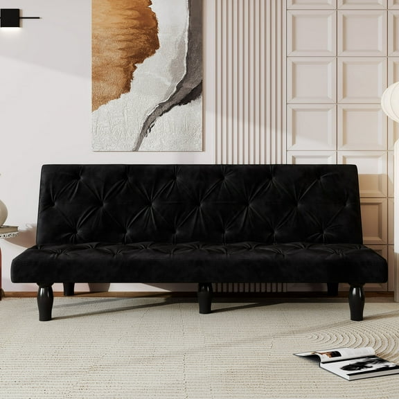 UHOMEPRO Velvet Sofa Bed, Convertible to 66" Sofa Bed, Couch with Adjustable Gears Backrest, Sleeper Sofa for Living Rooms Apartment and Bedroom, Black