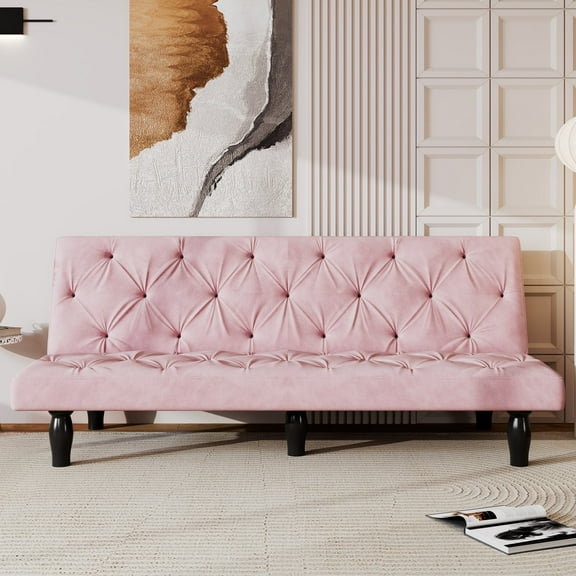 UHOMEPRO Velvet Sofa Bed, Convertible to 66" Sofa Bed, Couch with Adjustable Gears Backrest, Sleeper Sofa for Living Rooms Apartment and Bedroom, Pink