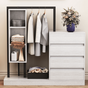 UHOMEPRO Wardrobe Closet with 3 Shelves and 4 Drawers, Freestanding Wooden Armoires Storage Closets for Bedroom, White