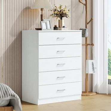 UHOMEPRO White 5 Drawer Dresser, Chest of Drawers for Bedroom, Modern Storage Cabinet Dresser Organizer Unit with Handle for Living Room, Closet, Hallway