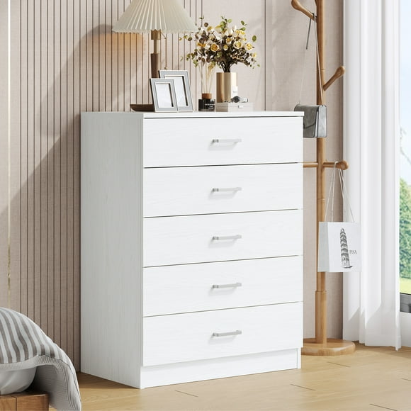 UHOMEPRO White 5 Drawer Dresser, Chest of Drawers for Bedroom, Modern Storage Cabinet Dresser Organizer Unit with Handle for Living Room, Closet, Hallway
