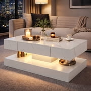 UHOMEPRO White LED Coffee Table, Modern High Gloss Living Room Table Center Table with Storage Drawers, Remote Control and Marbling Print