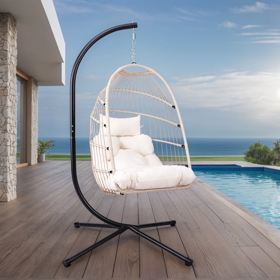 UHOMEPRO Hanging Egg Chair with Stand, Patio PE Wicker Swing Chair with Cushion and Headrest, Outdoor Hammock Egg Chair for Home Bedroom Patio Balcony, 350 lbs Capacity, Beige+Beige