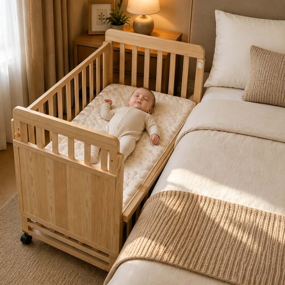 UHOMEPRO Wooden Crib and Changing Table with Mattress Included & Wheels, Bedside Bassinet Adjustable Height