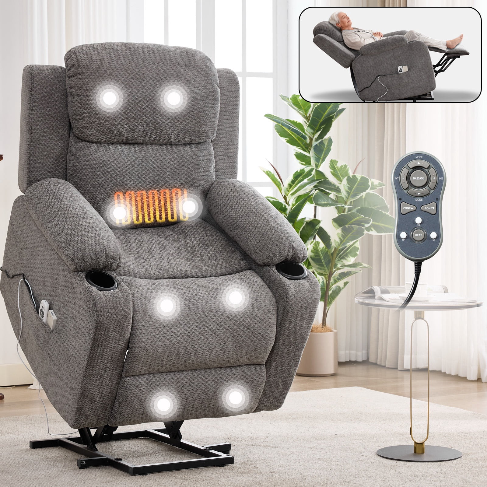 Power Lift Recliner Chair for Elderly, UHOMEPRO Lift Recliner Chair with Heat and Massage, Infinite Position Recliner with USB Port and Cup Holders, Gray