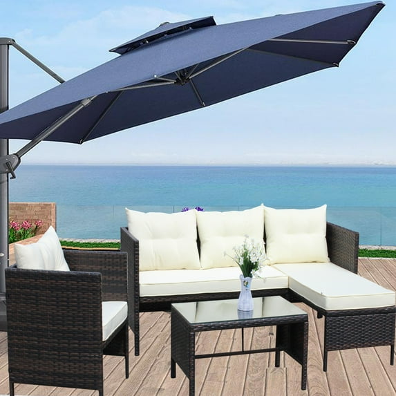 UHOMEPRP 4 Piece Rattan Patio Sofa Set, All-Weather Outdoor Patio Furniture Set, PE Rattan Wicker Patio Conversation Set with Table and Cushions, Modern Sectional Sofa Set for Patio Garden Poolside