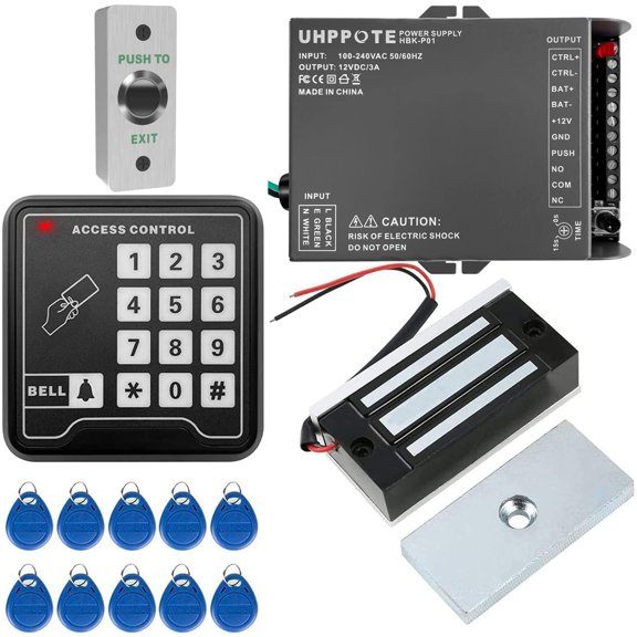 UHPPOTE Full Complete 125KHz EM-ID Card Door Access Control System Kit with 130LBS Magnetic Lock Power Supply Exit Button
